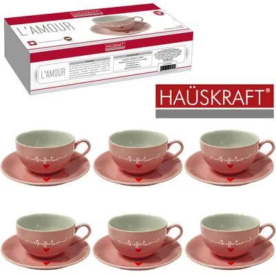 JOGO DE XICARA DE PORCELANA COM PIRES PARA CHA ITS COFFEE TIME L'AMOUR ROSA HAUSKRAFT 12 PECAS 160ML