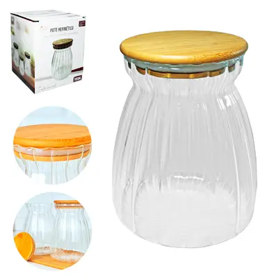 POTE DE VIDRO BOROSSILICATO REDONDO COM TAMPA HERMETICA DE MADEIRA / BAMBU 700ML