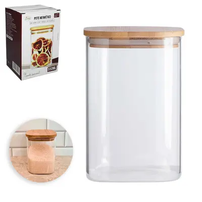 POTE DE VIDRO BOROSSILICATO LISO QUADRADO COM TAMPA HERMETICA DE MADEIRA / BAMBU 550ML