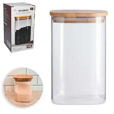 POTE DE VIDRO BOROSSILICATO LISO QUADRADO COM TAMPA HERMETICA DE MADEIRA / BAMBU 700ML