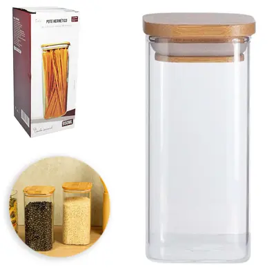 POTE DE VIDRO BOROSSILICATO LISO QUADRADO COM TAMPA HERMETICA DE MADEIRA / BAMBU 950ML