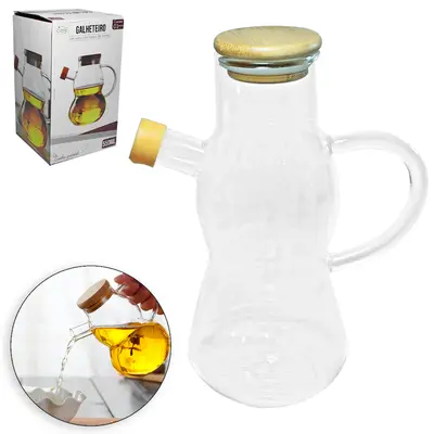 GALHETEIRO GARRAFA PARA AZEITE DE VIDRO BOROSSILICATO COM TAMPA DE MADEIRA / BAMBU 550ML
