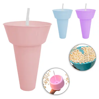 COPO COM CANUDO E POTE BALDE DE PIPOCA DE PLASTICO 1200 / 500ML
