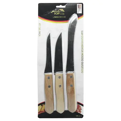 CONJUNTO DE FACA DE COZINHA DE INOX CABO MADEIRA WOOD TOP CASA 3 PECAS