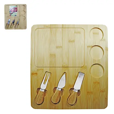 CONJUNTO PARA QUEIJO E FRIOS COM FACA + GARFO + ESPATULA DE INOX E TABUA DE BAMBU FRUIT BOARD