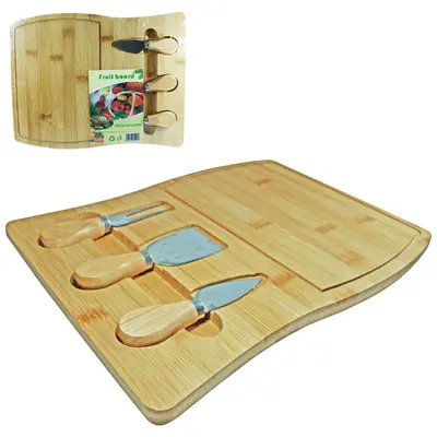 CONJUNTO PARA QUEIJO E FRIOS COM FACA + GARFO + ESPATULA DE INOX E TABUA DE BAMBU FRUIT BOARD 33X25CM