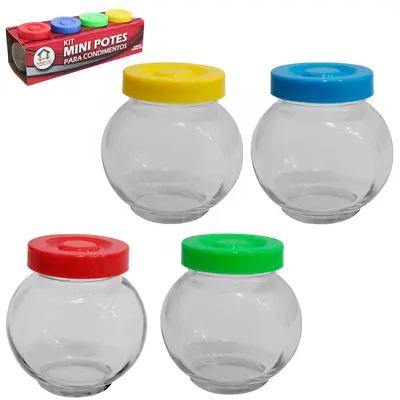 PORTA CONDIMENTO DE VIDRO COM TAMPA DE PLASTICO COLORS 4 PECAS 200ML
