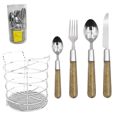 CONJUNTO DE TALHERES / FAQUEIRO DE INOX COM 24 PECAS CABO PLASTICO COM GLITER OURO + ESCORREDOR