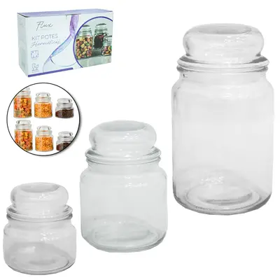 CONJUNTO DE POTE DE VIDRO REDONDO COM TAMPA HERMETICA DE VIDRO FLUX COM 3 PECAS 750 / 550 / 350ML