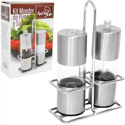 PORTA TEMPERO / MOEDOR COM SALEIRO DE VIDRO / INOX + SUPORTE ARAMADO CROMADO NA CAIXA