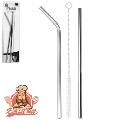 CANUDO CURVADO REUTILIZAVEL DE INOX COM 2 PECAS + ESCOVA HIGIENICA
