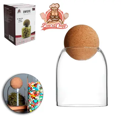ENFEITE DECORATIVO POTE DE VIDRO BOROSSILICATO REDONDO PARA MANTIMENTOS COM TAMPA BOLA CORTICA 500ML