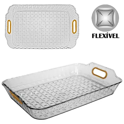 BANDEJA DE PLASTICO PET FLEXIVEL RETANGULAR COM ALCA 35X24X5CM
