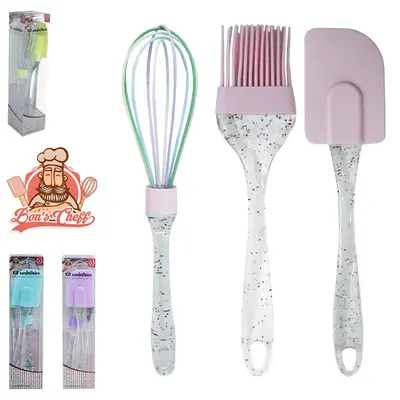 KIT CONFEITEIRO UTENSILIOS BATEDOR CLARA / ESPATULA PAO DURO / PINCEL CABO ACRILICO GLITTER BONS CHEFF