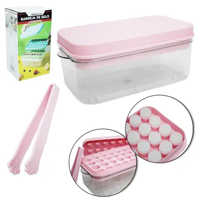 BANDEJA COM FORMA DE GELO COM 28 CAVIDADES REDONDA DE SILICONE / PLASTICO COM TAMPA + PEGADOR 21,512X10CM