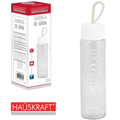 GARRAFA DE VIDRO LUCKY DAY COM TAMPA DE PLASTICO BRANCO HAUSKRAFT 360ML NA CAIXA