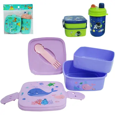 KIT ALIMENTACAO / PAPINHA VIAGEM MARMITA DUPLA DE PLASTICO QUADRADA COM GARRAFA 550ML