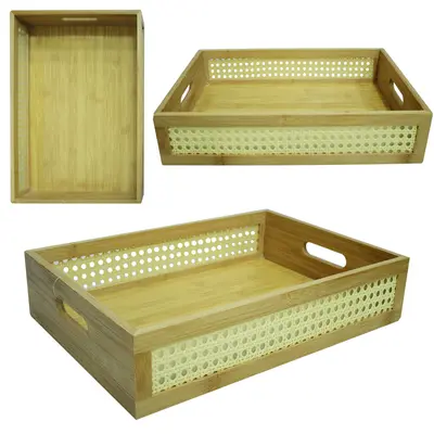 BANDEJA CESTO DE BAMBU RETANGULAR VAZADO COM ALCA STIL DECOR 33X22X9CM