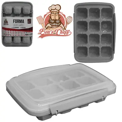 FORMA DE GELO COM 12 CAVIDADES DE PLASTICO COM TAMPA + TRAVA 17X11,5X4CM BONS CHEFF