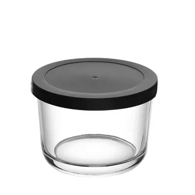 POTE DE VIDRO REDONDO COM TAMPA DE PLASTICO PRETA 200ML