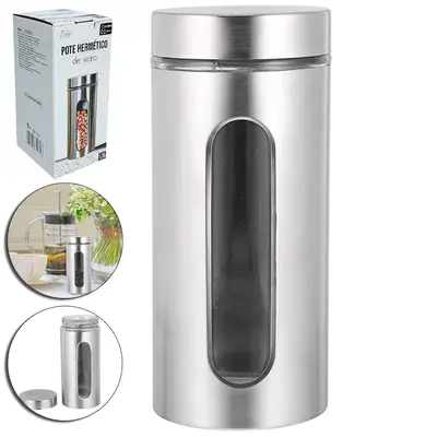 POTE DE VIDRO / INOX REDONDO PARA MANTIMENTOS COM VISOR + TAMPA DE ROSCA 1,3L
