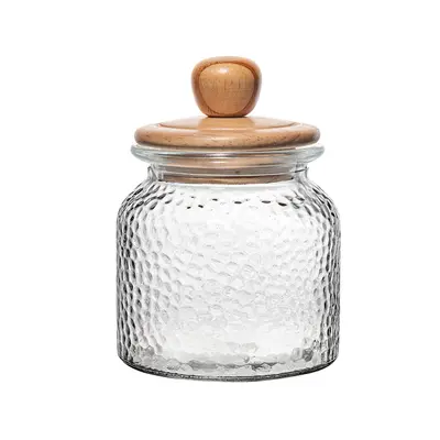 POTE DE VIDRO MARTELADO REDONDO COM TAMPA HERMETICA DE MADEIRA / BAMBU WOLFF 700ML