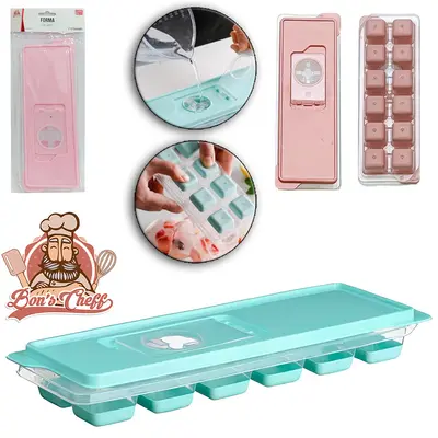 FORMA DE GELO COM 12 CAVIDADES RETANGULAR DE SILICONE / PLASTICO COM TAMPA 25X8,5X4CM