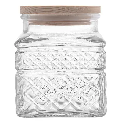 POTE DE VIDRO QUADRADO COM TAMPA HERMETICA DE MADEIRA 1150ML
