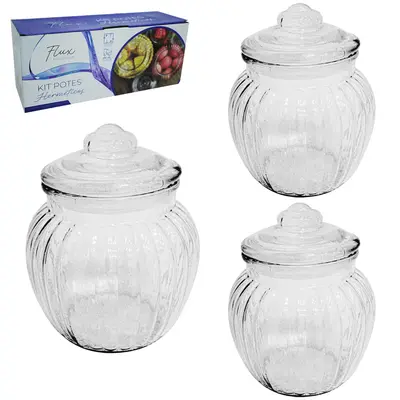 CONJUNTO DE POTE DE VIDRO REDONDO COM TAMPA HERMETICA DE VIDRO FLUX COM 3 PECAS 600ML