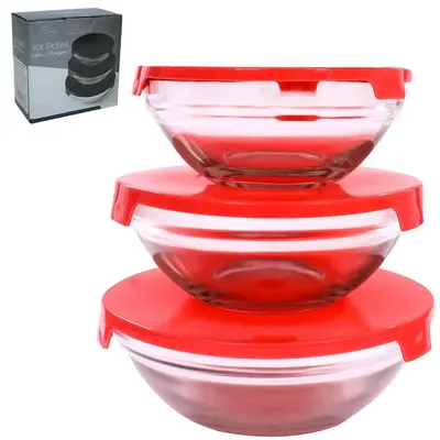 CONJUNTO DE POTE DE VIDRO REDONDO COM TAMPA DE PLASTICO FLUX 3 PECAS 550 / 400 / 200ML