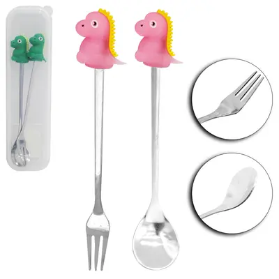 CONJUNTO DE TALHER INFANTIL COM COLHER + GARFO DE INOX CABO DINOSSAURO NO ESTOJO