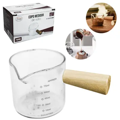 COPO MEDIDOR / DOSADOR GRADUADO PARA CAFETEIRA EXPRESSO DE VIDRO COM ALCA MADEIRA BARISTA 75ML