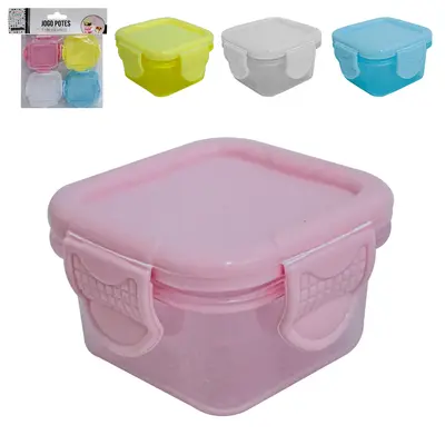 CONJUNTO DE MINI POTE DE PLASTICO QUADRADO COM TAMPA E TRAVAS 4 PECAS 50ML