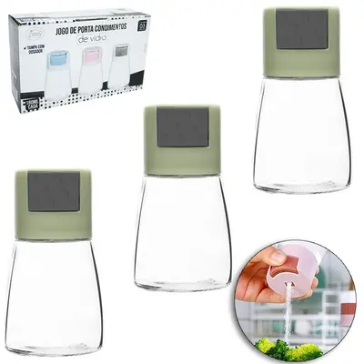 JOGO PORTA CONDIMENTO DE VIDRO COM TAMPA DE PLASTICO DOSADOR 3 PECAS 180ML