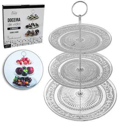 PRATO DE VIDRO TRIPLO PARA BOLO / DOCES 18 / 20 / 25CM DE Ø