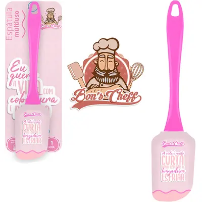 ESPATULA MULTIUSO DE SILICONE ROSA CABO ACRILICO BONS CHEFF 24X6CM NA CARTELA