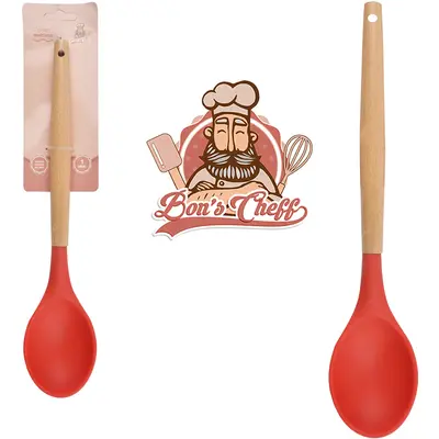 COLHER DE ARROZ DE SILICONE VERMELHO CABO MADEIRA BONS CHEFF 31X6,5CM NA CARTELA