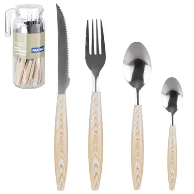 CONJUNTO DE TALHERES / FAQUEIRO COM 24 PECAS DE INOX CABO PLASTICO + JARRA DE VIDRO CAPRESE WOODEN KHAKI