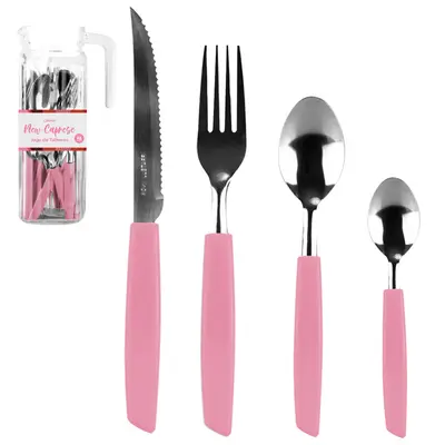 CONJUNTO DE TALHERES / FAQUEIRO COM 24 PECAS DE INOX CABO PLASTICO ROSA + JARRA DE VIDRO NEW CAPRESE