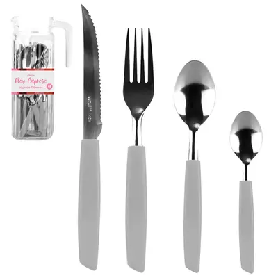 CONJUNTO DE TALHERES / FAQUEIRO COM 24 PECAS DE INOX CABO PLASTICO CINZA + JARRA DE VIDRO NEW CAPRESE