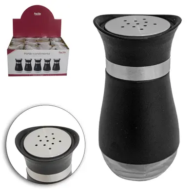 PORTA CONDIMENTO DE VIDRO / INOX COM TAMPA DE PLASTICO FACILE PRETO 130ML DP PLAY