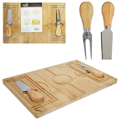 CONJUNTO PARA QUEIJO E FRIOS COM FACA + GARFO DE INOX E TABUA RETANGULAR DE BAMBU TOP CASA 30X20X1,5CM