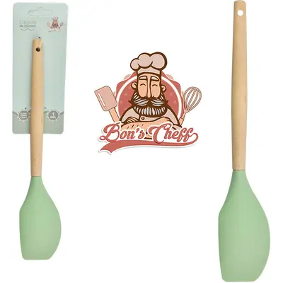 ESPATULA DE PAO DURO DE SILICONE VERDE CABO MADEIRA BONS CHEFF 31X6CM NA CARTELA