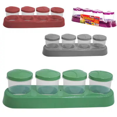 PORTA CONDIMENTO DE PLASTICO COM 4 PECAS + SUPORTE COLORS