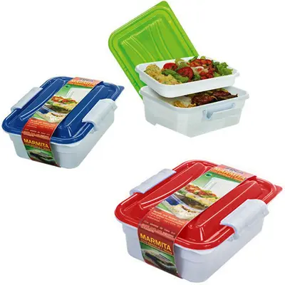 MARMITA DE PLASTICO RETANGULAR COM BANDEJA + TRAVA COLORS 18X16X7CM