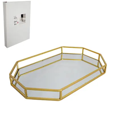 BANDEJA ARAMADO COM ESPELHO OITAVADO DECORATIVA METALIZADO DOURADO DECOR 33,7X22,5X3,3CM