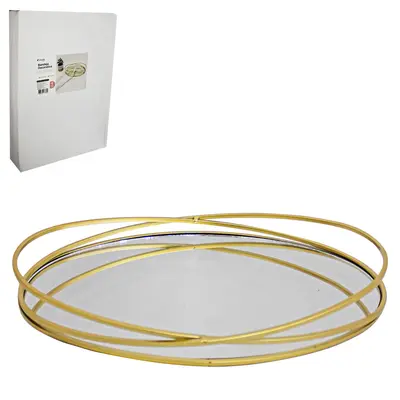 BANDEJA ARAMADO COM ESPELHO OVAL DECORATIVA METALIZADO DOURADO DECOR 38X26,5X4,7CM