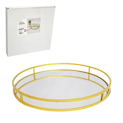 BANDEJA ARAMADO COM ESPELHO REDONDO DECORATIVA METALIZADO DOURADO DECOR 3,2X25CM DE Ø