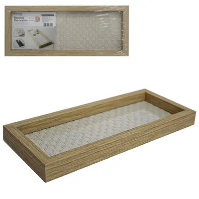 BANDEJA DE MADEIRA MDF COM FUNDO DE VIDRO E RATTAN RETANGULAR DECORATIVA DECOR 27,8X11,8CM