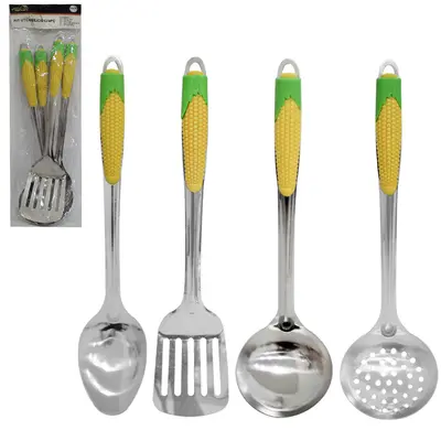 KIT UTENSILIOS COM COLHER ARROZ + CONCHA + ESCUMADEIRA E ESPATULA VAZADA DE INOX CABO PLASTICO MILHO TOP CASA